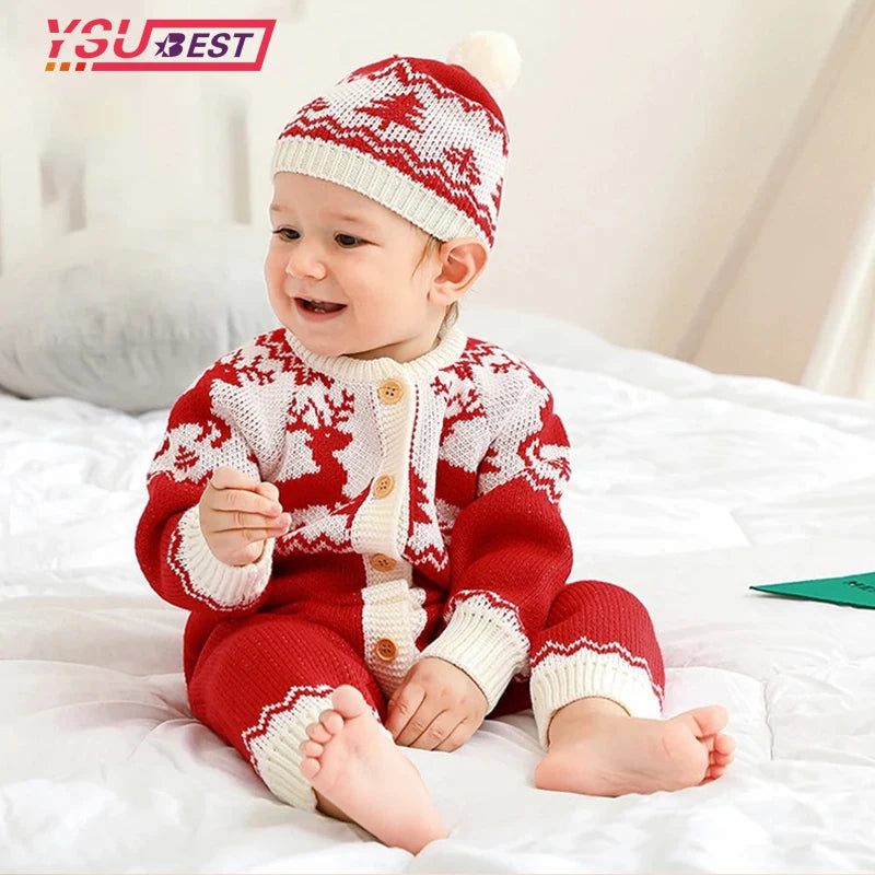 Red and white winter knit rompers for babies with reindeer pattern and matching hat for infants