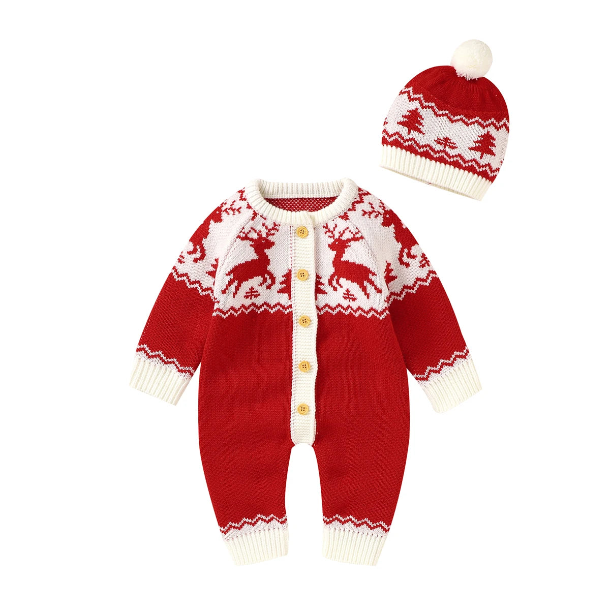 red and white winter knit rompers for babies with reindeer pattern and matching pom pom hat