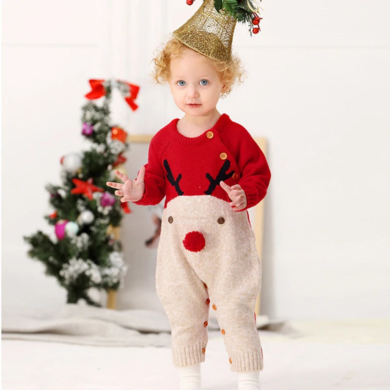 Red and beige winter knit rompers for babies with reindeer design and button details for infants