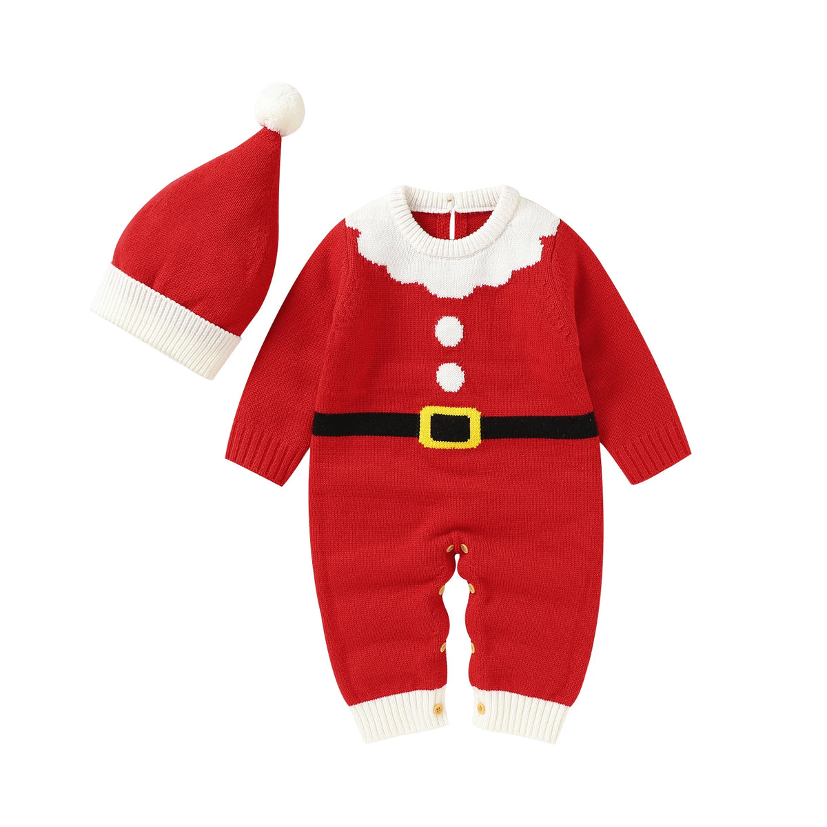 red and white Santa-themed winter knit rompers for babies with matching hat and belt detail