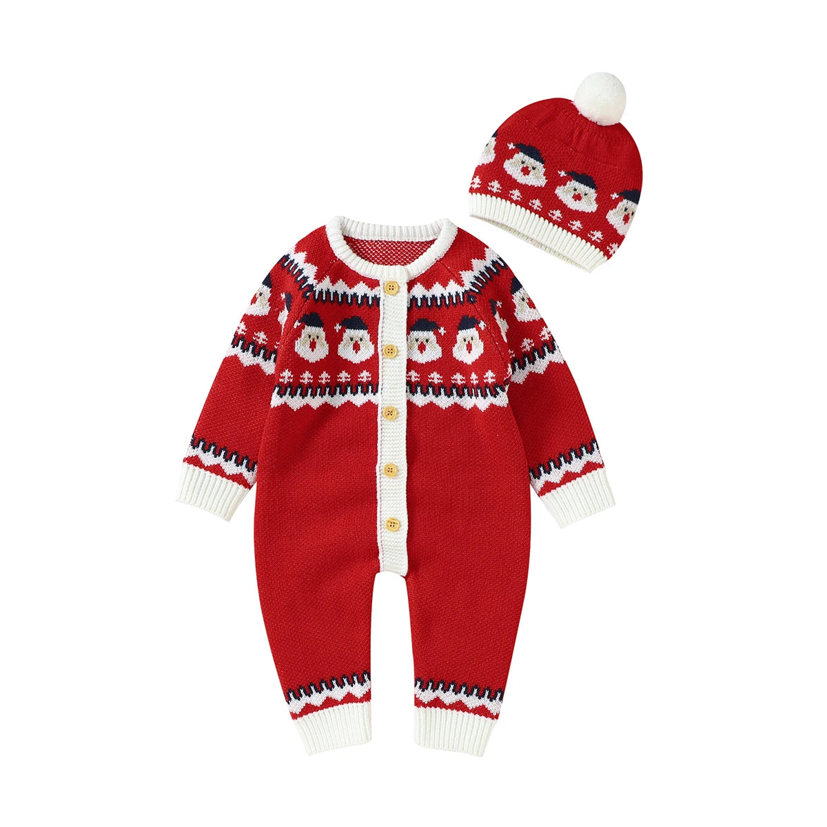 Red winter knit rompers for babies with white trim and Santa Claus design, long sleeve and matching hat