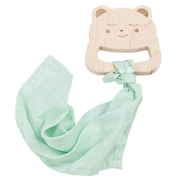Light green soft blanket attached to a wooden baby teether shaped like a bear for newborns