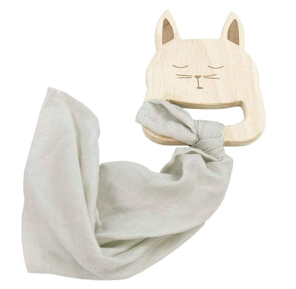 natural wood wooden bunny teether with soft gray cloth attached for newborn babies to hold and chew