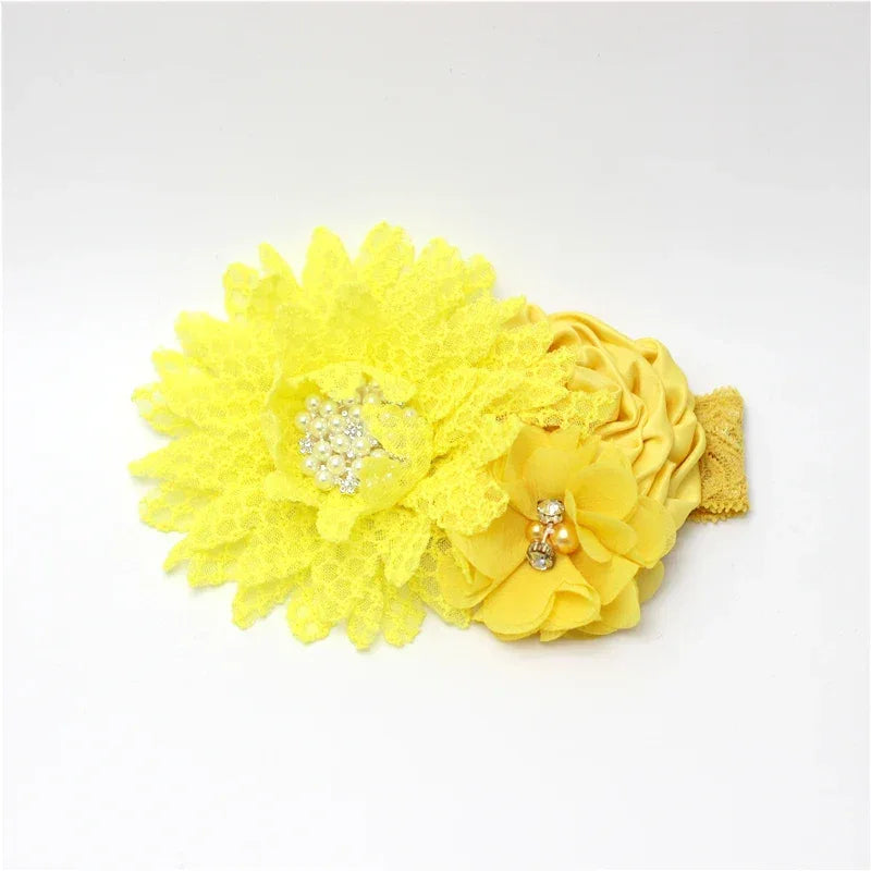yellow baby headband with lace and fabric flower decorations, pearl and bead accents hair accessories