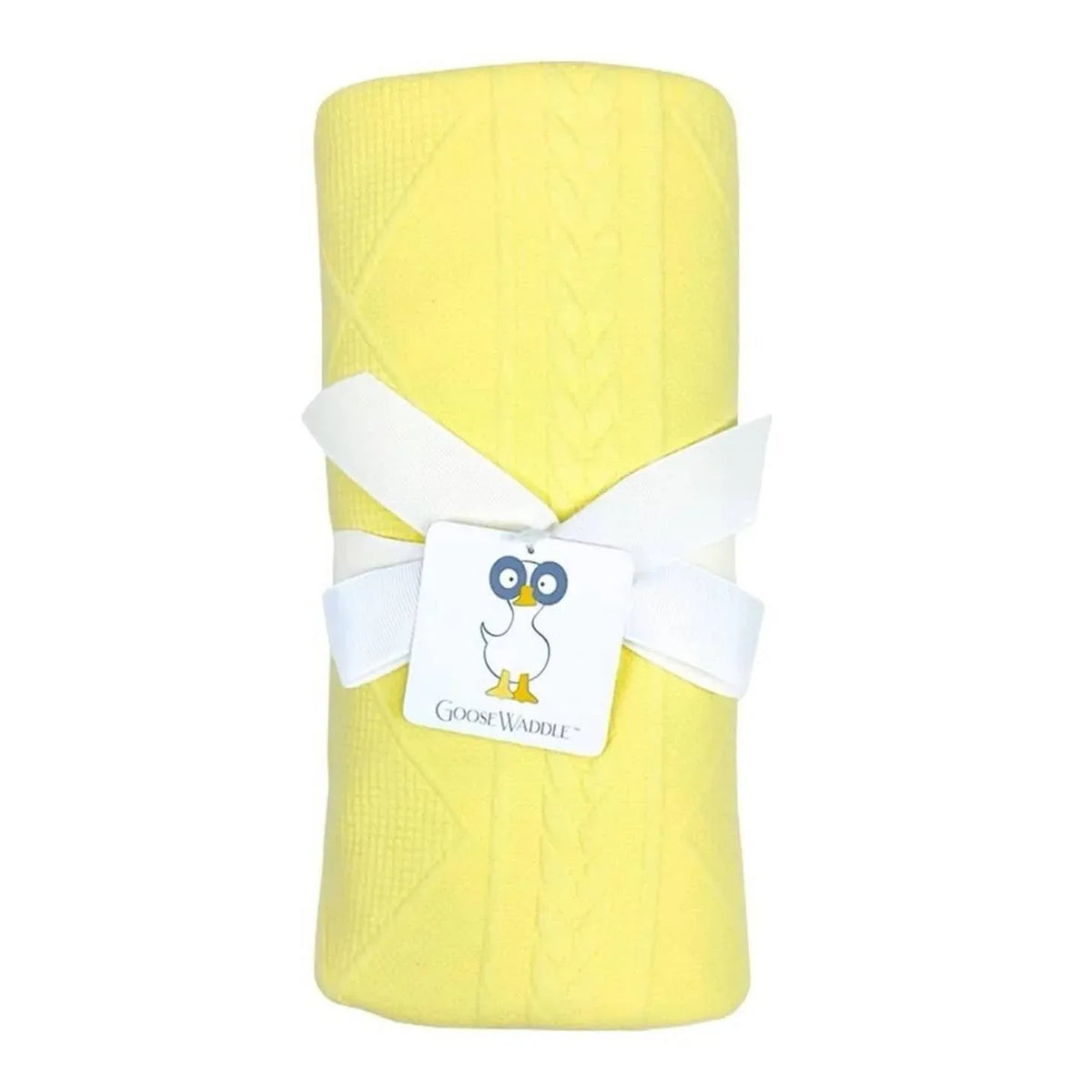 rolled yellow knit baby blanket for newborns with white ribbon and Goosewaddle tag