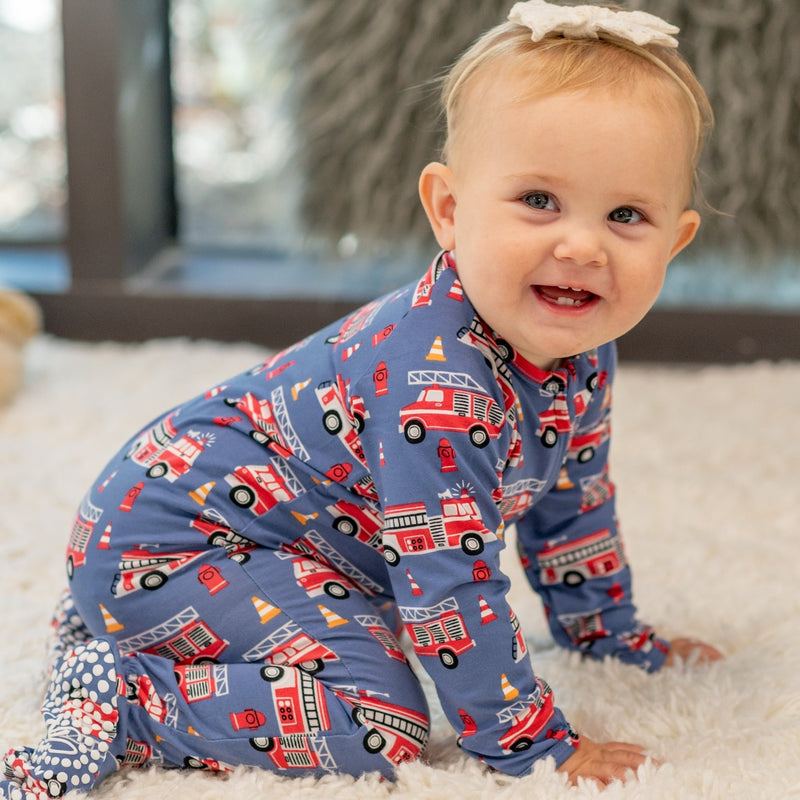 Blue Fire Truck Zipper Footie - 2 Way Zip - The Palm Beach Baby Sweet Bamboo