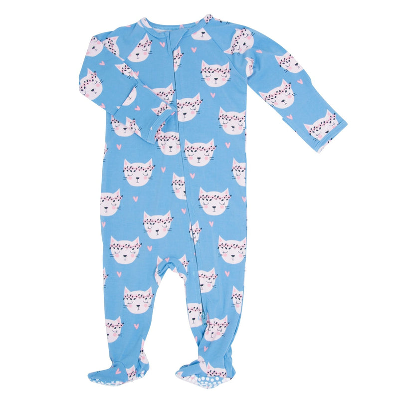 Pretty Pink Cat Zipper Footie: blue cat-face print baby's footed romper with two-way zipper.