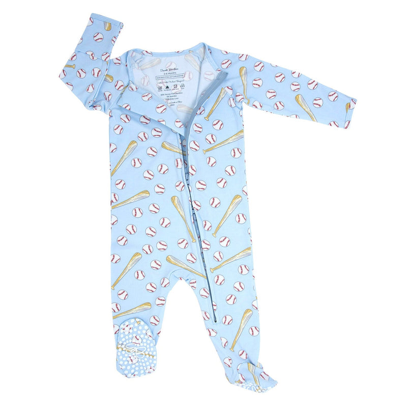 Classic Baseball Zipper Footie Little Slugger Blue - The Palm Beach Baby Sweet Bamboo