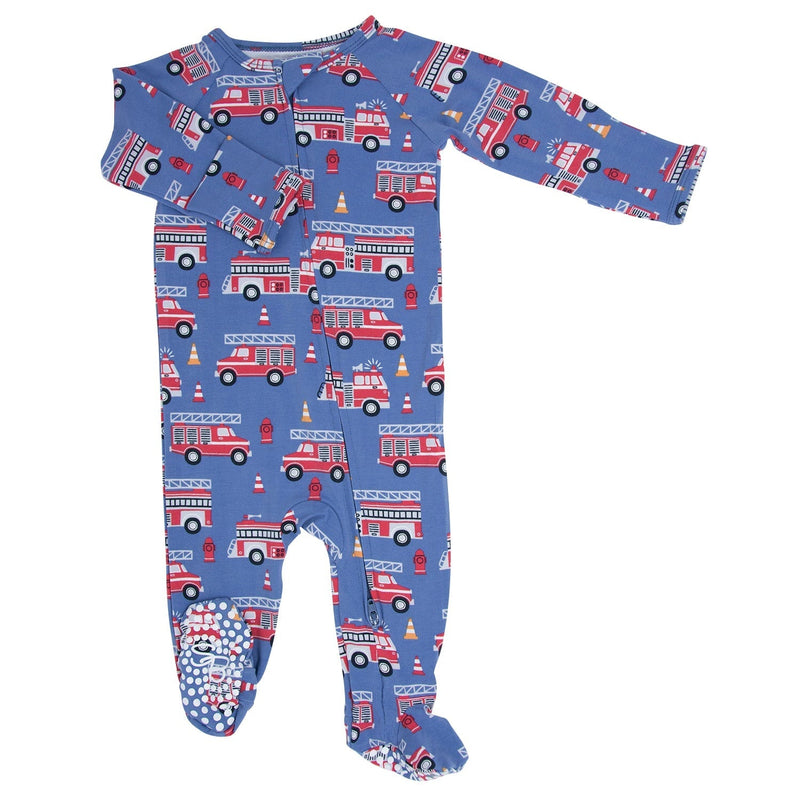 Blue Fire Truck Zipper Footie - 2 Way Zip - The Palm Beach Baby Sweet Bamboo