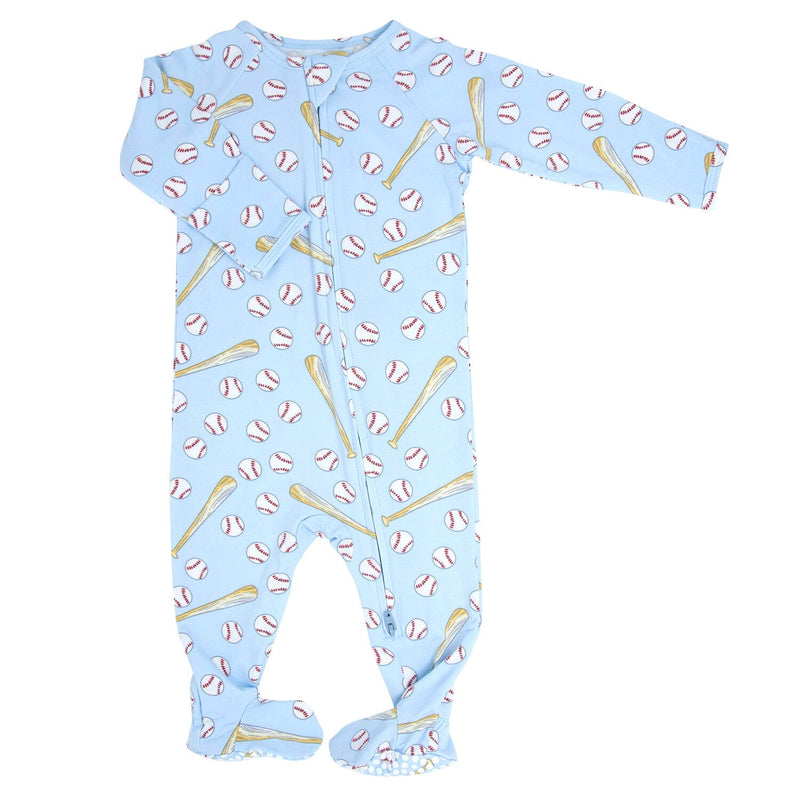 Classic Baseball Zipper Footie Little Slugger Blue - The Palm Beach Baby Sweet Bamboo