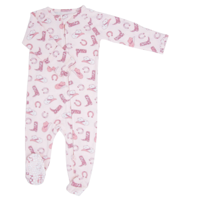 Pink Western Boots Zipper Footie - 2 Way Zip - The Palm Beach Baby Sweet Bamboo