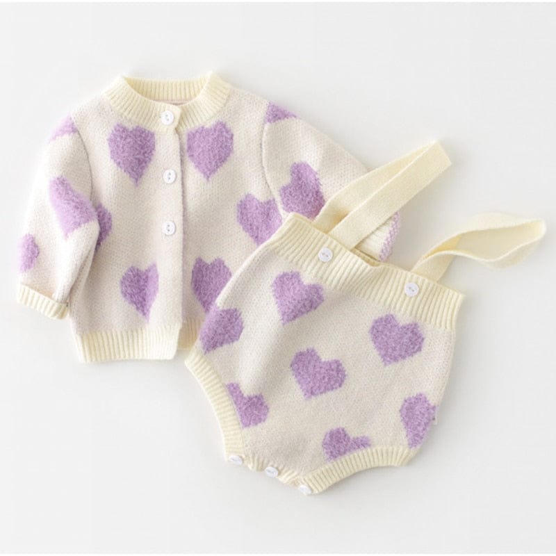 kids and babies 20201 purple / 3M "Little Heart" Knitted Romper & Matching Sweater -The Palm Beach Baby