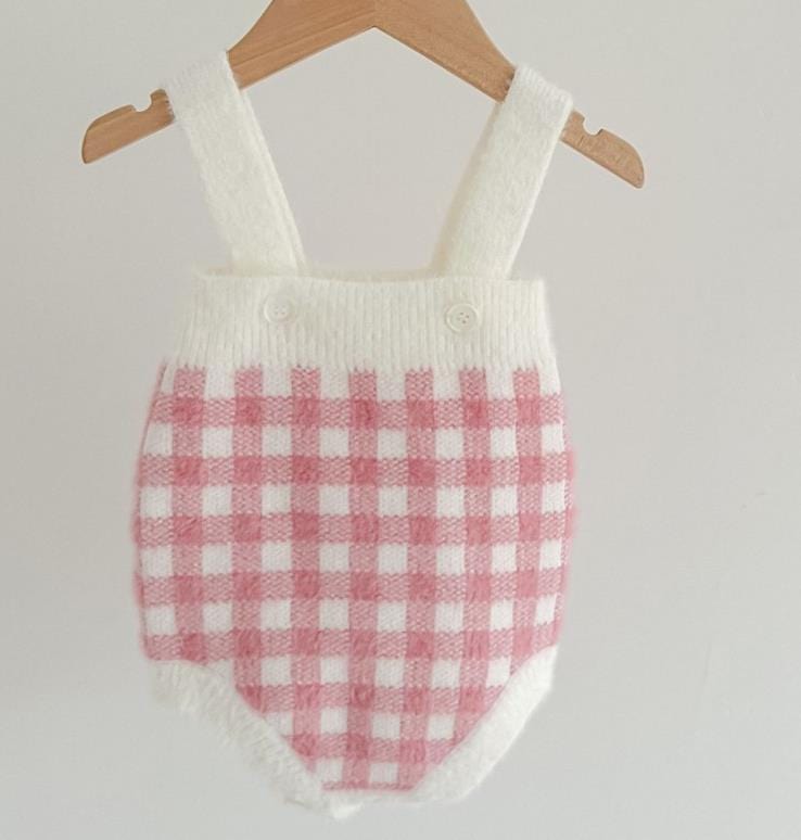 kids and babies 213S04 Pink Romper / 3M Babies - Toddlers  Pink Checked Knitted Romper & Sweater -The Palm Beach Baby