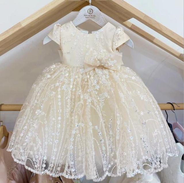 Baby & Kids Apparel Ivory / 4T Champagne Silk Flowers Little Girls Dress -The Palm Beach Baby