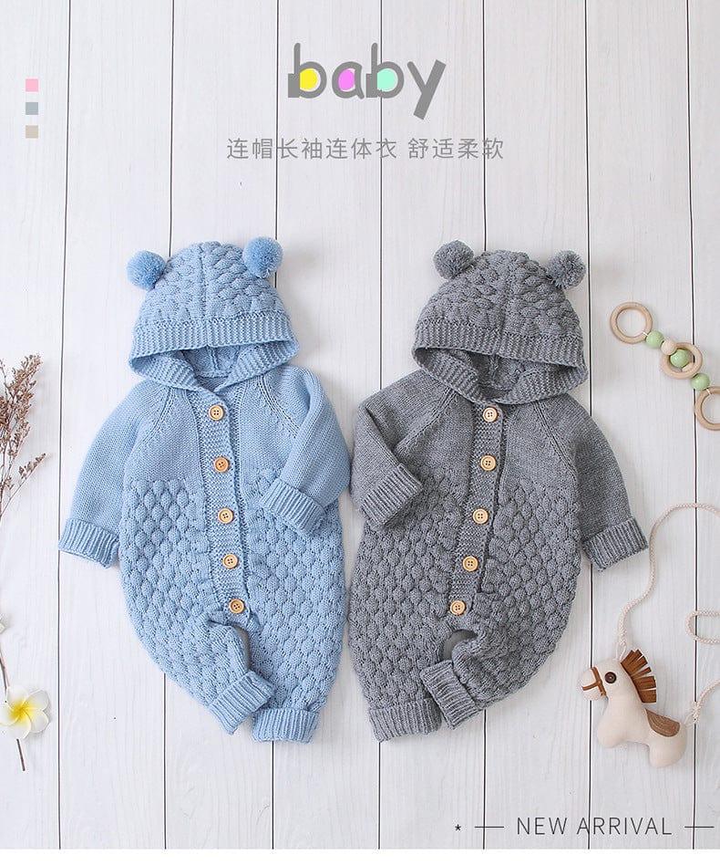 Blue and gray baby hooded knit romper with bear ears, cozy knit fabric for infants
