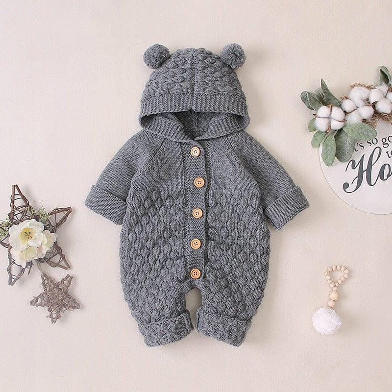 gray baby hooded knit romper with bear ears and wooden buttons for newborns