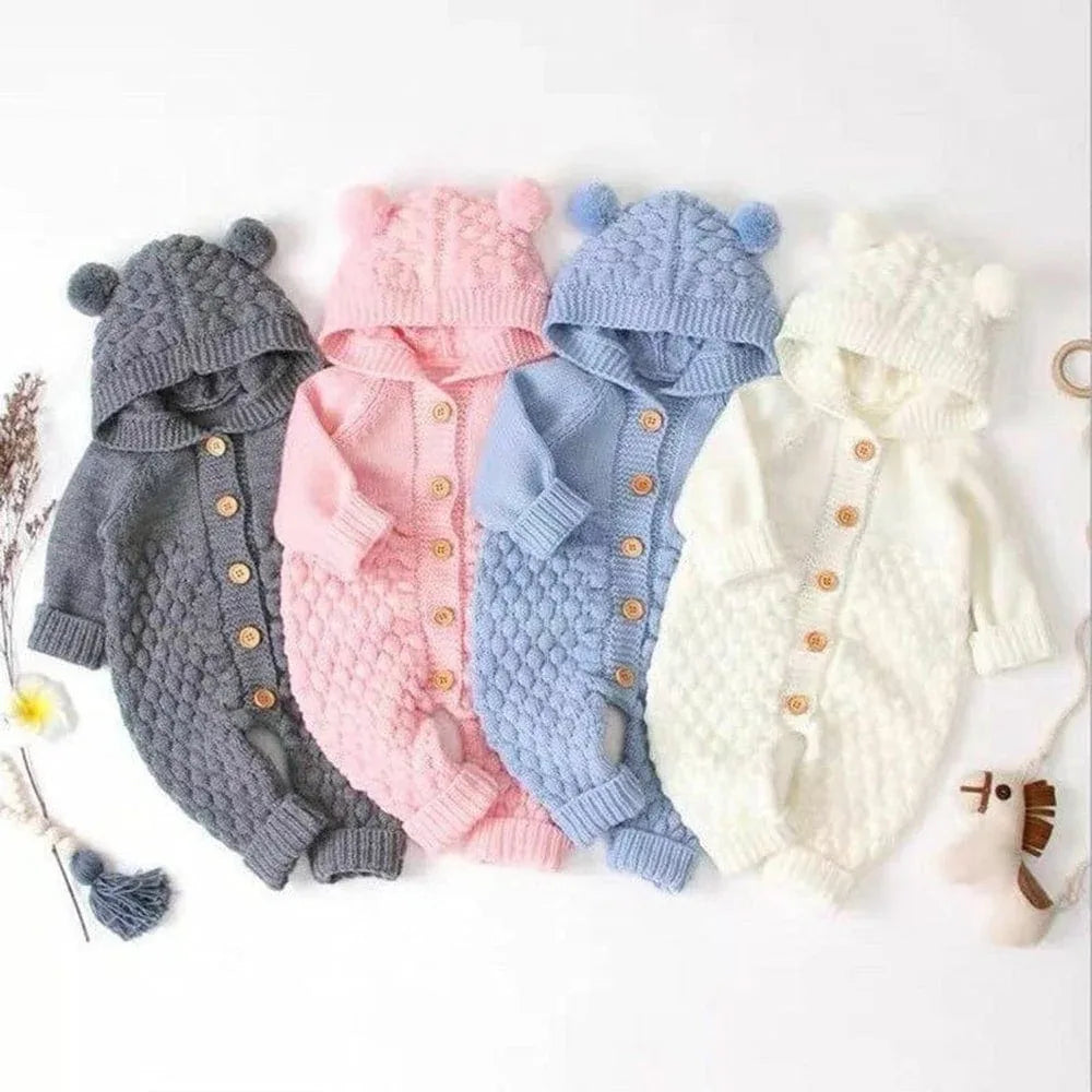 Baby hooded knit romper in gray pink blue and white with pom pom ears for infants