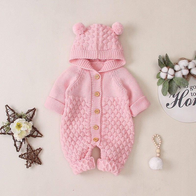 pink baby hooded knit romper with bear ear details and wooden buttons for newborns