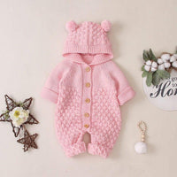 pink baby hooded knit romper with bear ear details and wooden buttons for newborns