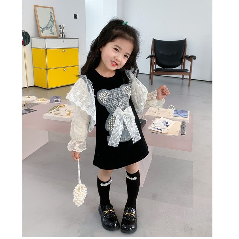 black pearl lace childrens dress for girls with pearl lace sleeves and bow detail