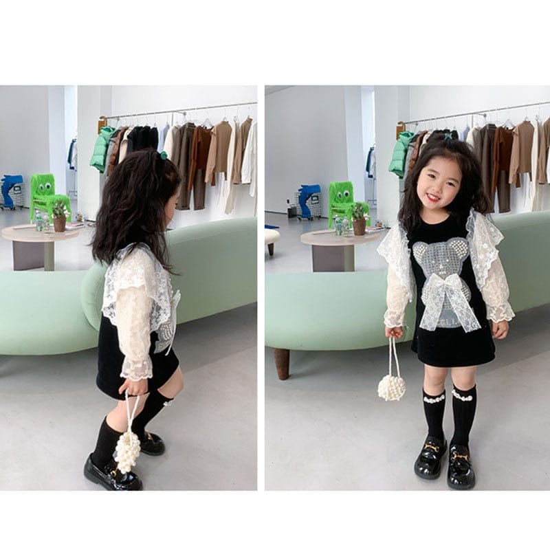 Black pearl lace childrens dress for girls with long lace sleeves and decorative bow detail