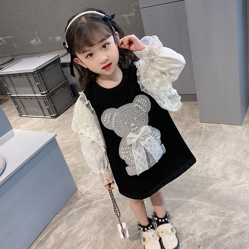Black girls dress with pearl lace childrens dress sleeves and teddy bear applique, toddler size