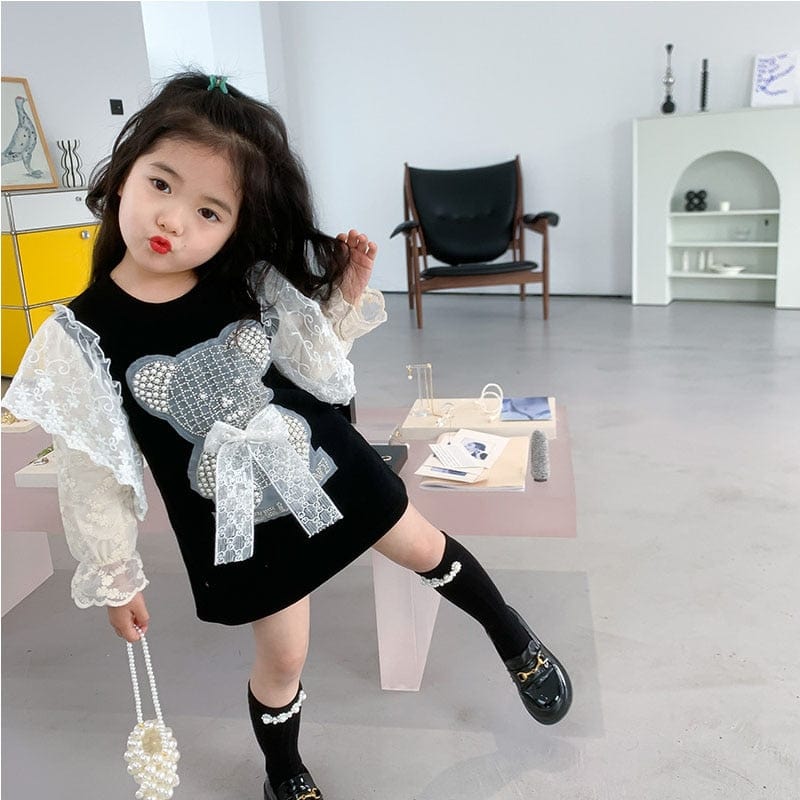 Black girls pearl lace childrens dress with lace sleeves and teddy bear design for toddlers