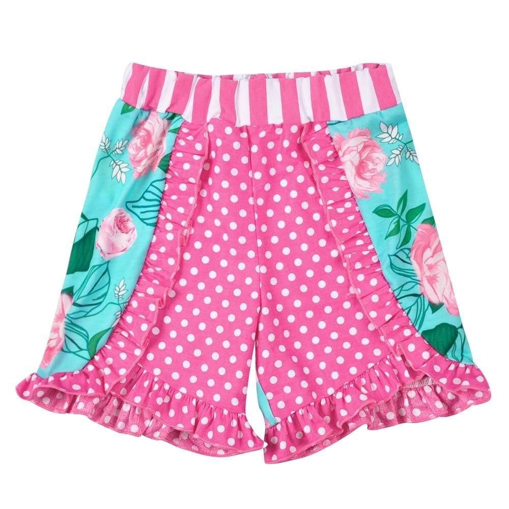 Pink and turquoise boho baby summer outfit shorts with polka dots and floral pattern for infants