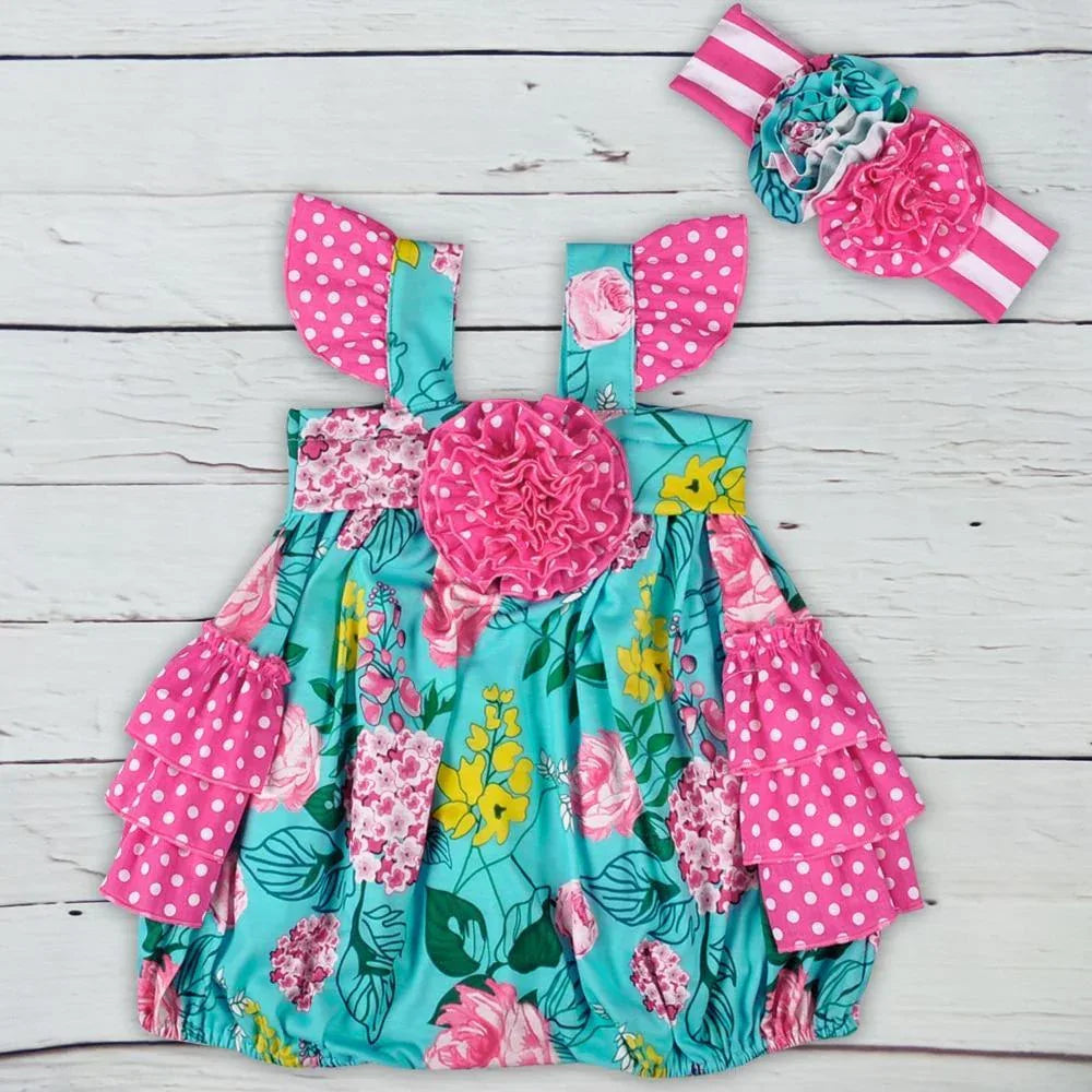 Boho baby summer outfit turquoise floral romper with pink polka dot ruffles and matching headband for infants