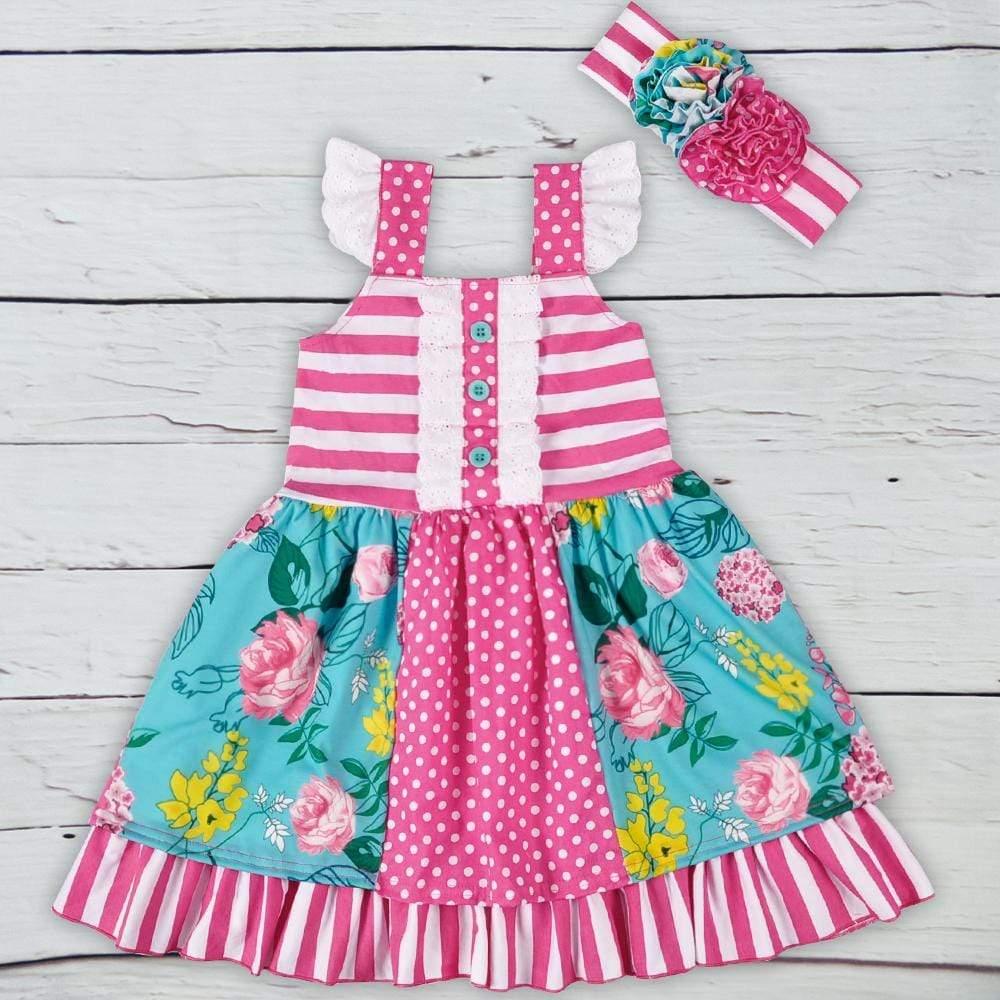 Pink and turquoise floral toddler dress with white ruffle sleeves and matching headband boho baby summer outfit