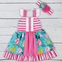 Pink and turquoise floral toddler dress with white ruffle sleeves and matching headband boho baby summer outfit