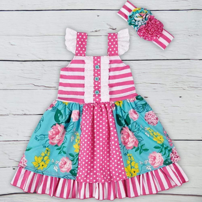 Pink and turquoise floral toddler dress with white ruffle sleeves and matching headband boho baby summer outfit