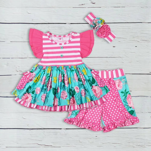 Boho baby summer outfit in pink and turquoise with floral and striped patterns for infants, featuring ruffled sleeves and matching headband