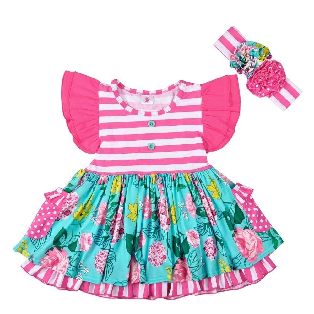 Pink and turquoise floral boho baby summer outfit with striped bodice and matching floral headband for infants