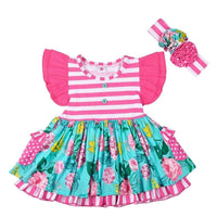 Pink and turquoise floral boho baby summer outfit with striped bodice and matching floral headband for infants