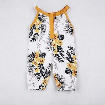 White and mustard yellow boho floral baby romper for infants with sleeveless design and elastic hems