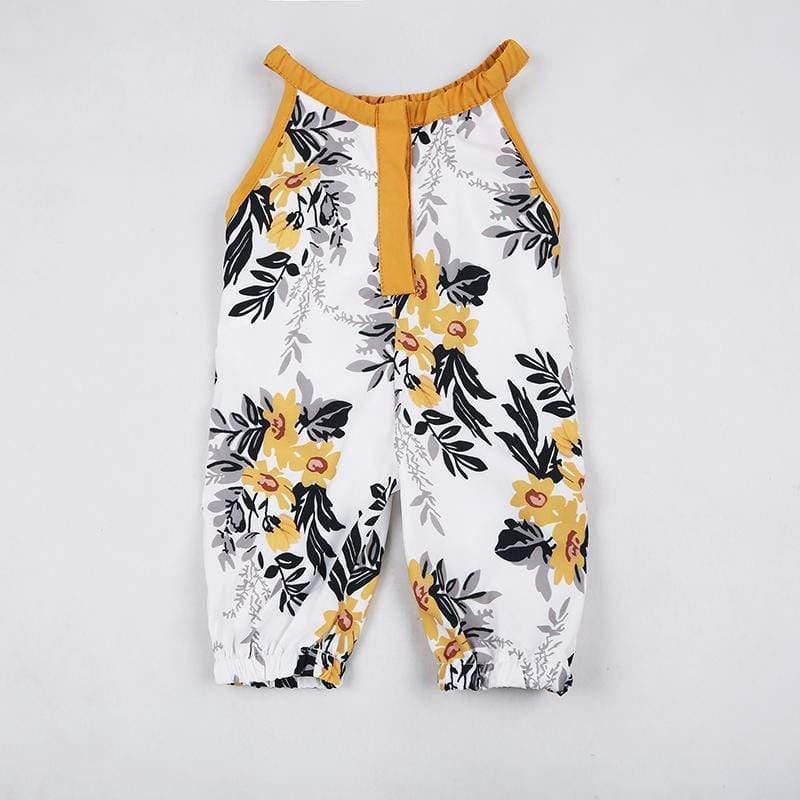 white and mustard boho floral baby romper with sleeveless design for infants