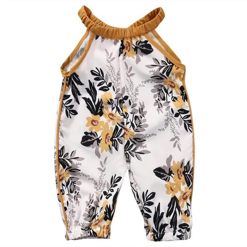 White and mustard boho floral baby romper with sleeveless design for infants