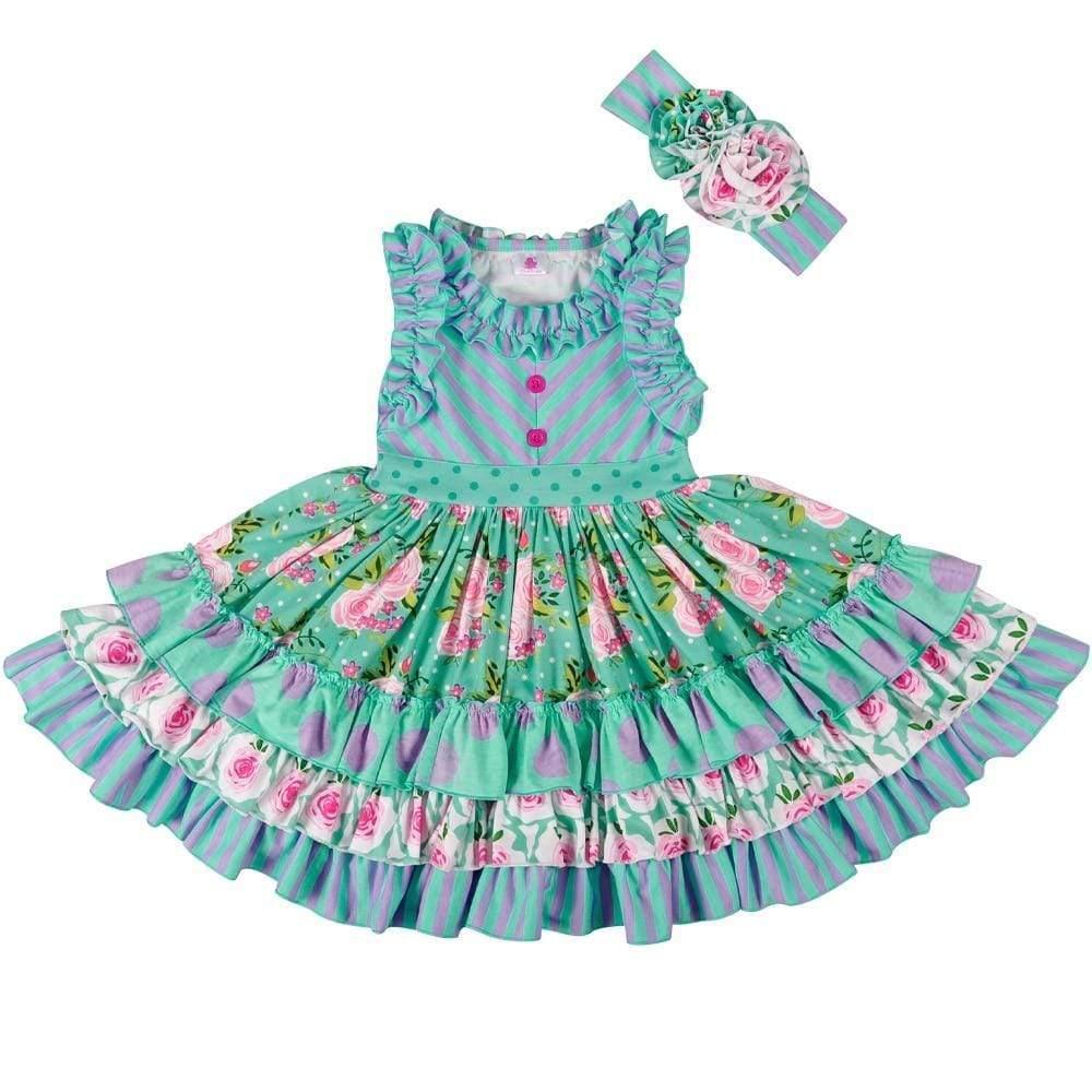 green and purple floral boho toddler dress set with ruffles and matching headband for toddlers