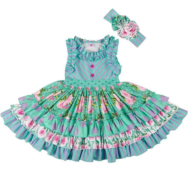 green and purple floral boho toddler dress set with ruffles and matching headband for toddlers