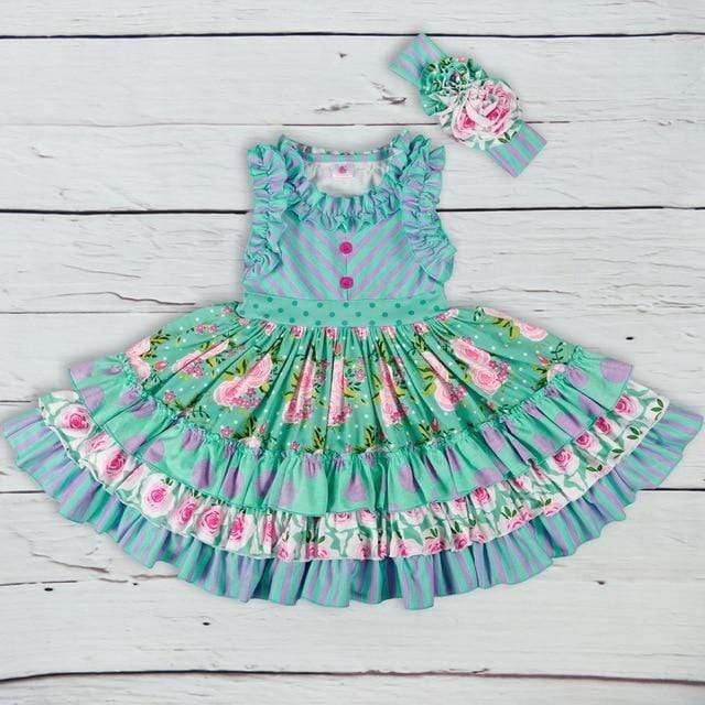 Turquoise and pink floral boho toddler dress set with ruffles and matching headband for toddler girls