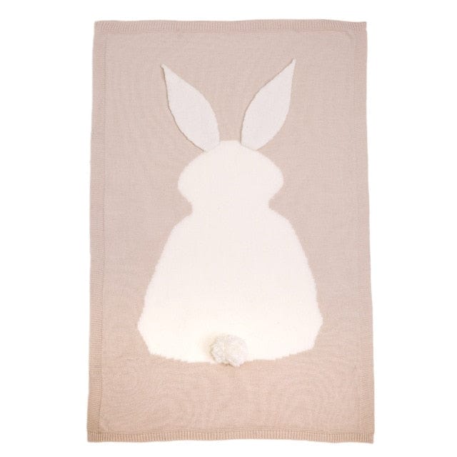 Beige bunny baby blanket swaddle for infants with a soft white bunny design and pom-pom tail