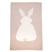 Beige bunny baby blanket swaddle for infants with a soft white bunny design and pom-pom tail