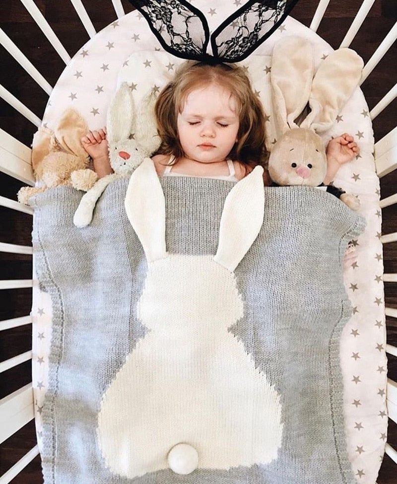 Gray and white bunny baby blanket swaddle for infants with large bunny design and ears