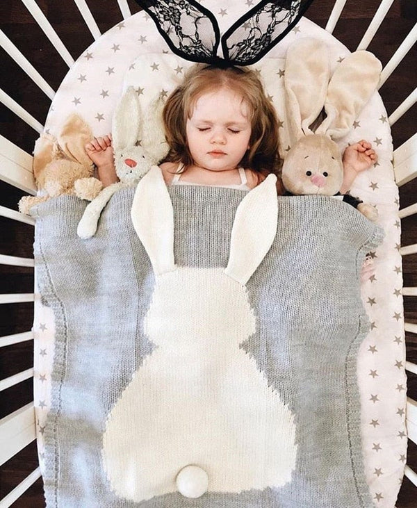 Gray and white bunny baby blanket swaddle for infants with large bunny design and ears
