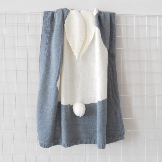 Gray and white bunny baby blanket swaddle with ear and tail details for infants