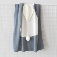 Blue and white bunny baby blanket swaddle with soft ears and pom pom tail for newborns