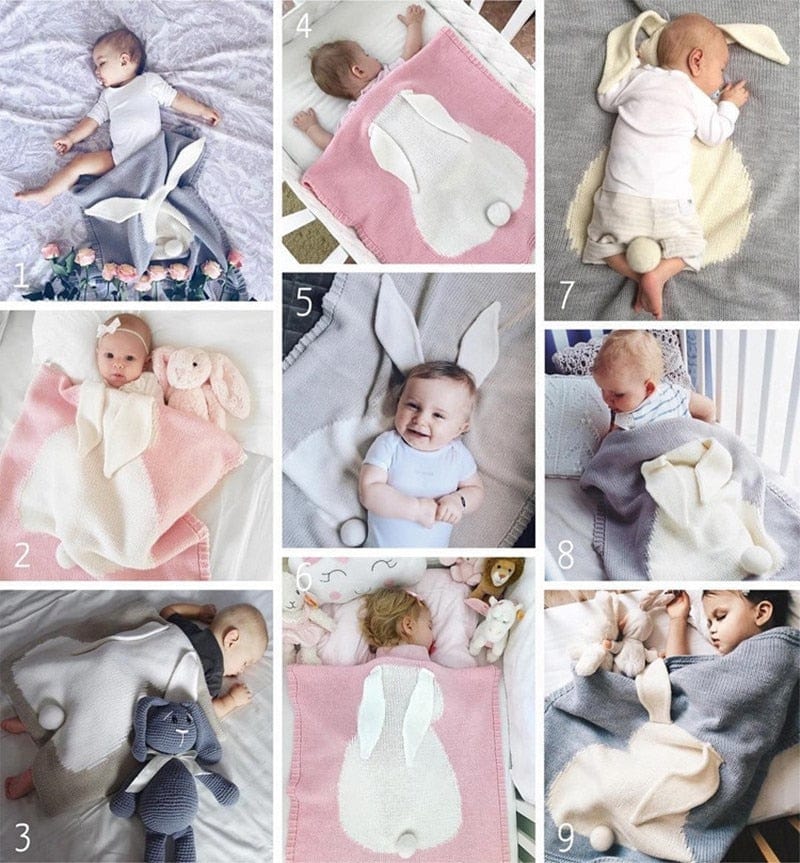 Soft bunny baby blanket swaddles in pastel pink, gray, and cream with bunny ears and tail for newborns and infants