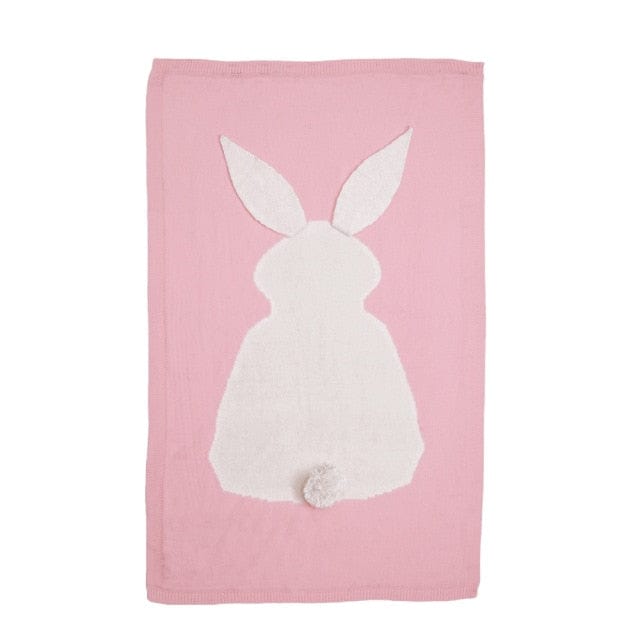 Pink bunny baby blanket swaddle with white bunny silhouette and pompom tail for newborns