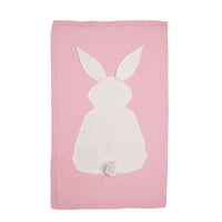 Pink bunny baby blanket swaddle with white bunny silhouette and pompom tail for newborns